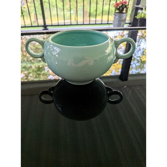 Mid Century Modern Vintage Mist Green Aqua Pottery Sugar Bowl Detailed Handles - Picture 9 of 9